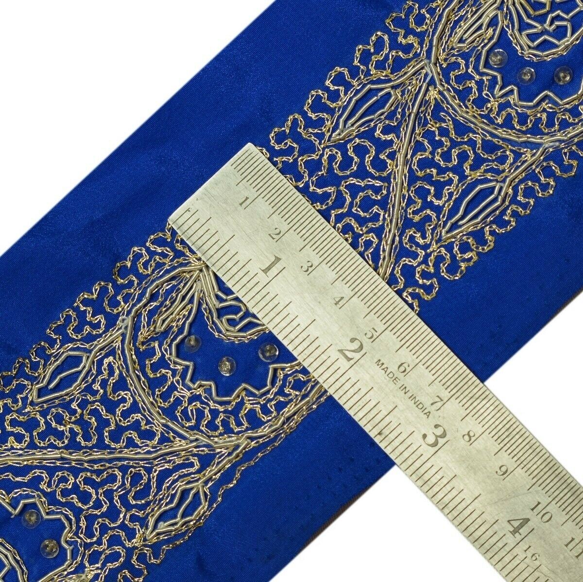 Vintage Saree Border Indian Craft Trim Hand Beaded Embroidered Royal Blue Lace