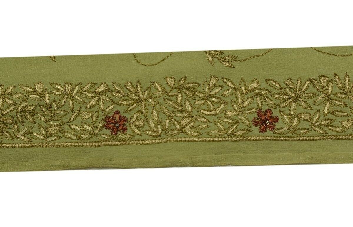 Vintage Saree Border Indian Craft Trim Hand Embroidered Green Sewing Ribbon Lace