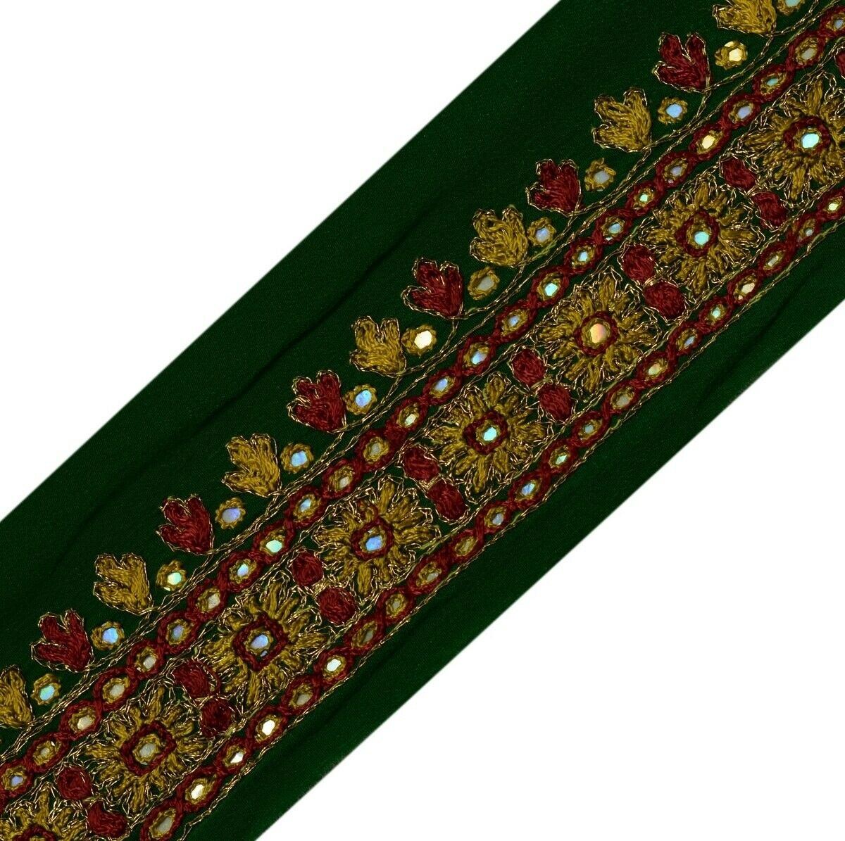 Vintage Saree Border Indian Craft Trim Embroidered Mirror Work Ribbon Lace Green