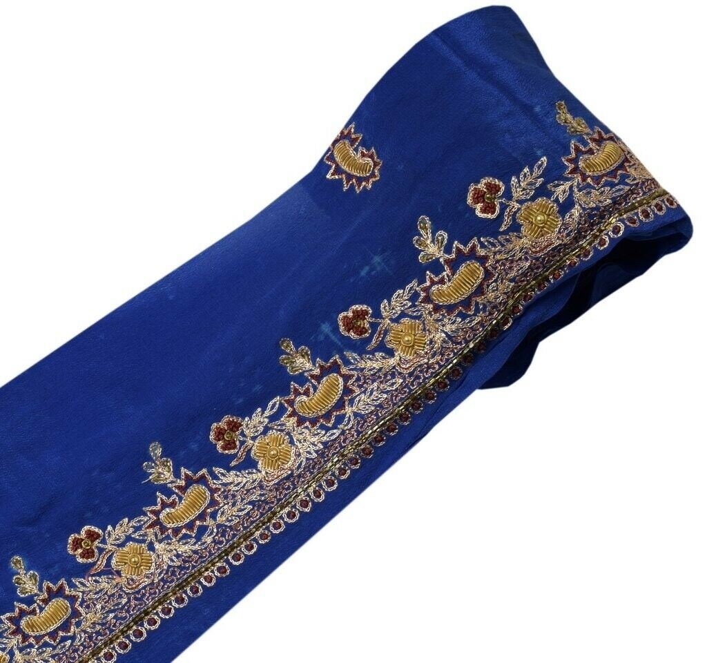 Vintage Saree Sewing Trim Indian Craft Border Hand Beaded Embroidered Lace Blue