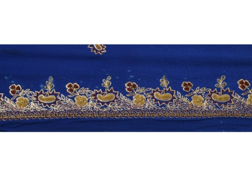 Vintage Saree Sewing Trim Indian Craft Border Hand Beaded Embroidered Lace Blue