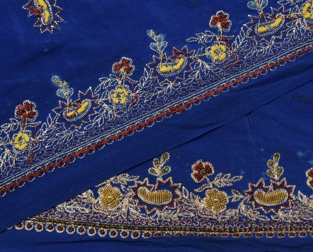 Vintage Saree Sewing Trim Indian Craft Border Hand Beaded Embroidered Lace Blue