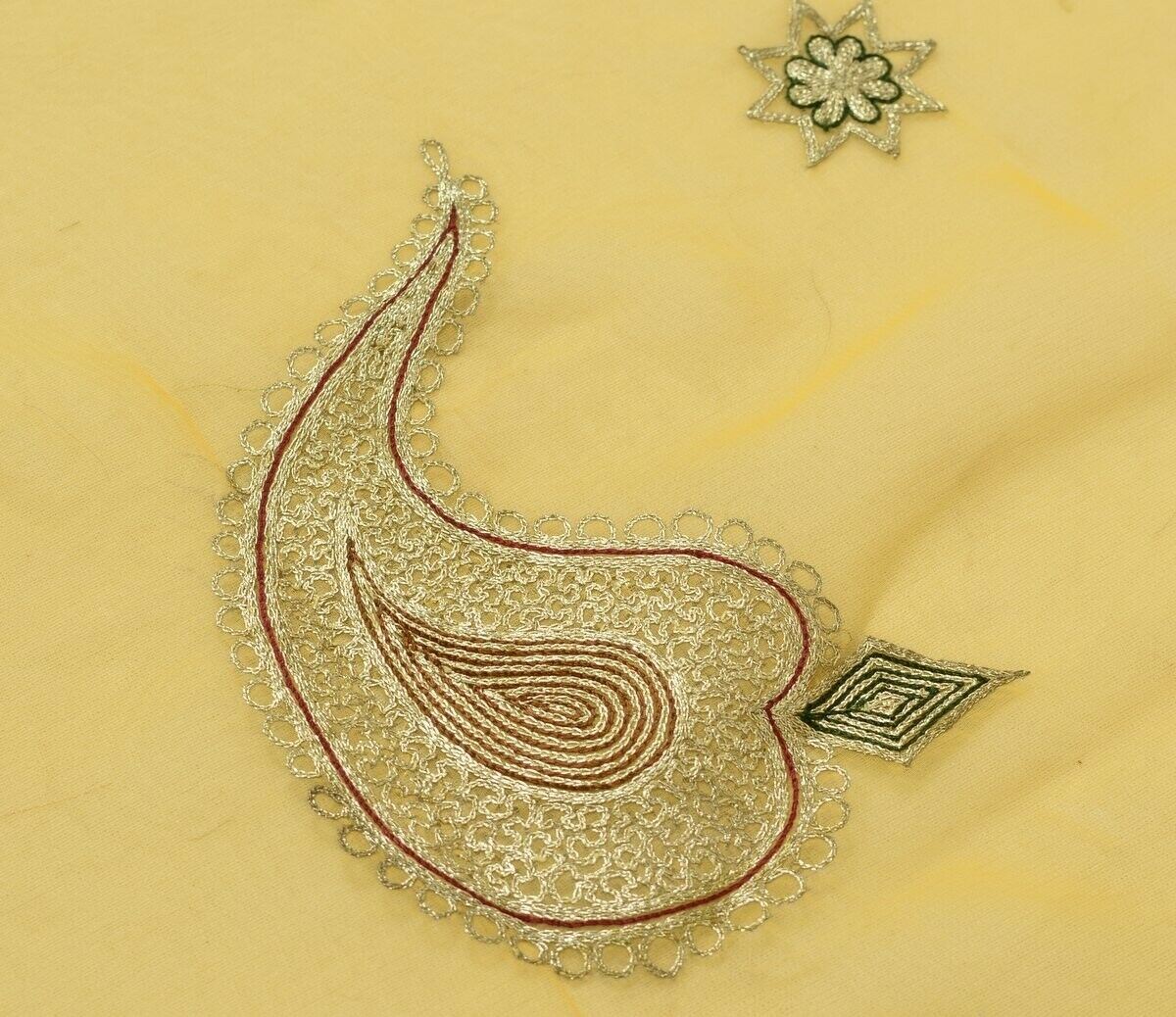 Vintage Saree Embroidered Multi Purpose Scrap Fabric Piece for Sew Craft Mustard