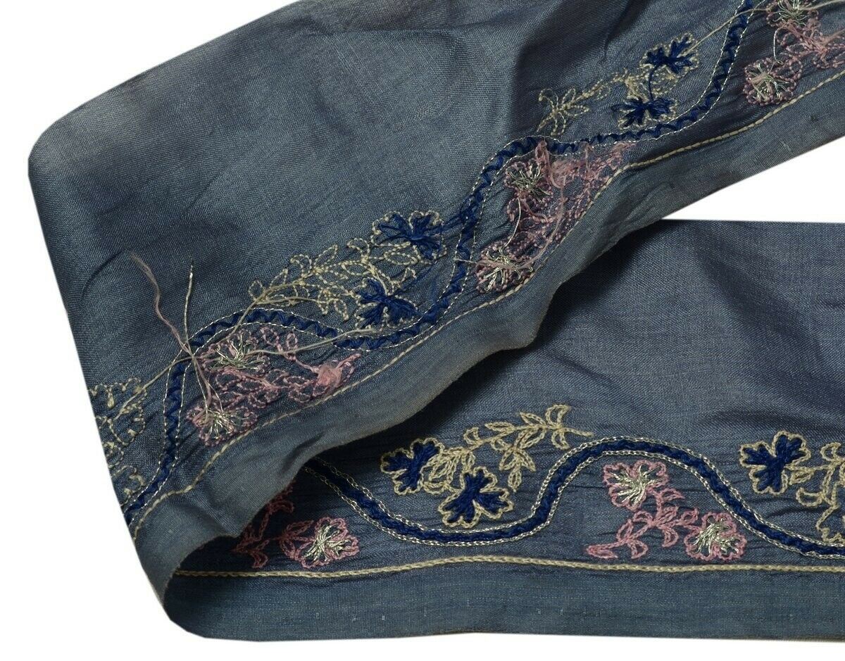 Vintage Saree Border Indian Craft Trim Hand Embroidered Ribbon Lace Gray