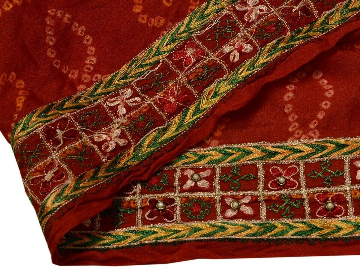 Vintage Saree Border Indian Craft Trim Hand Embroidered Dark Red Ribbon Lace