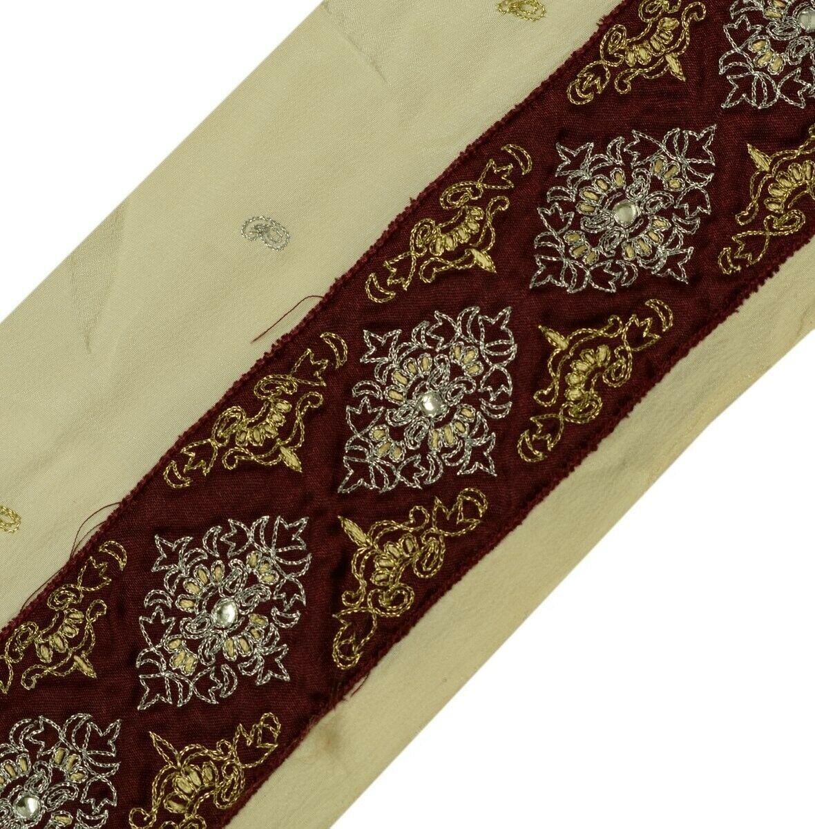 Vintage Sari Border Indian Craft Trim Hand Embroidered Beaded Garnet Ribbon Lace