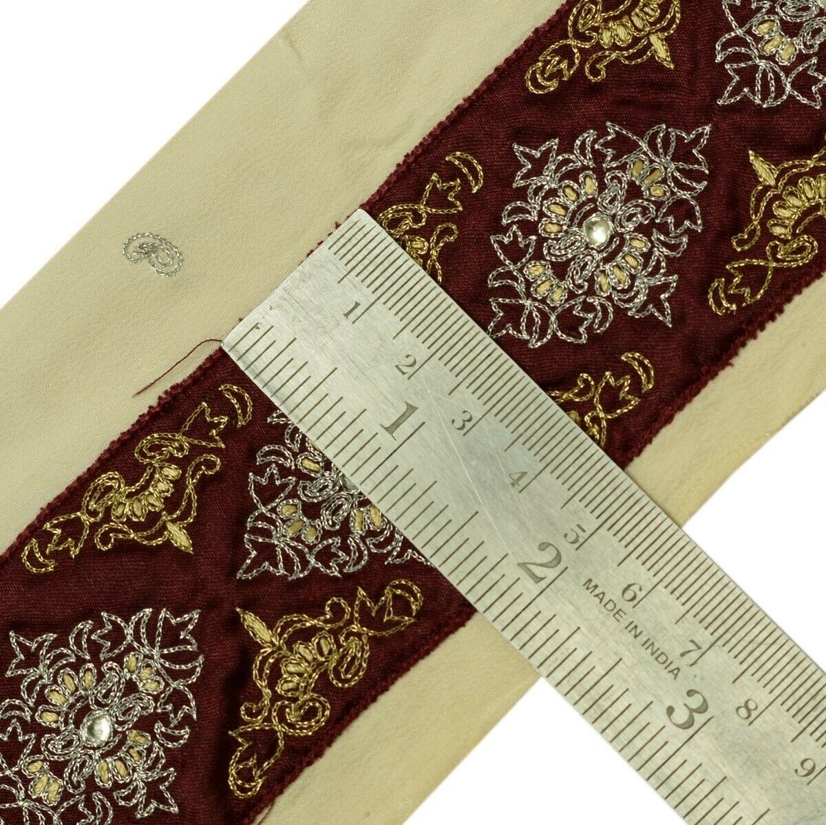Vintage Sari Border Indian Craft Trim Hand Embroidered Beaded Garnet Ribbon Lace