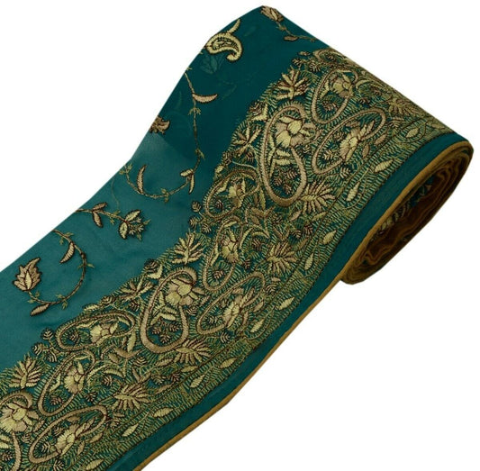 Vintage Saree Border Indian Craft Trim Paisley Embroidered Green Ribbon Lace