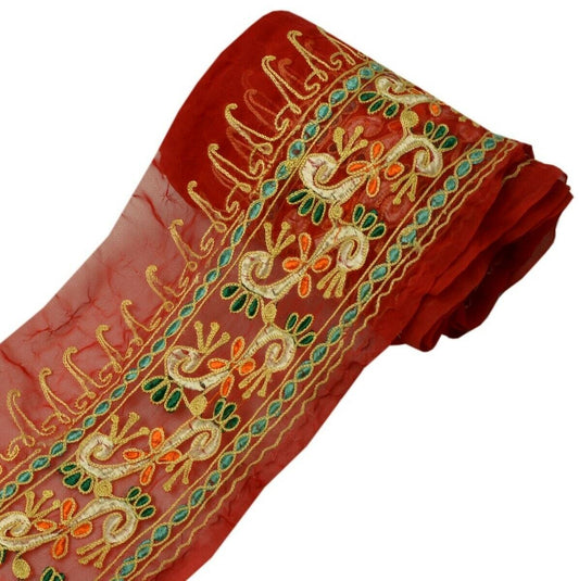 Vintage Saree Border Indian Craft Trim Embroidered Red Sewing Ribbon Lace