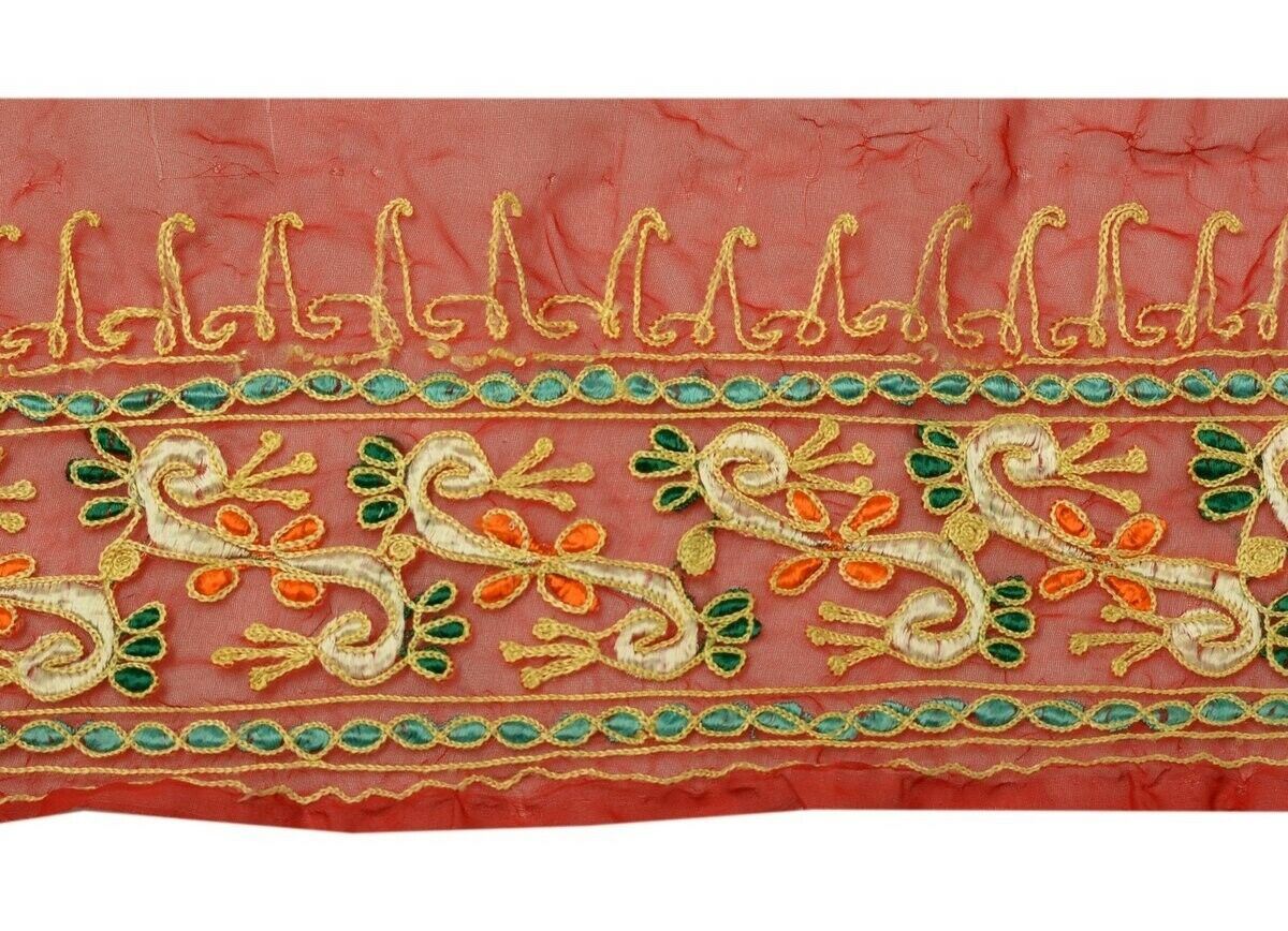 Vintage Saree Border Indian Craft Trim Embroidered Red Sewing Ribbon Lace