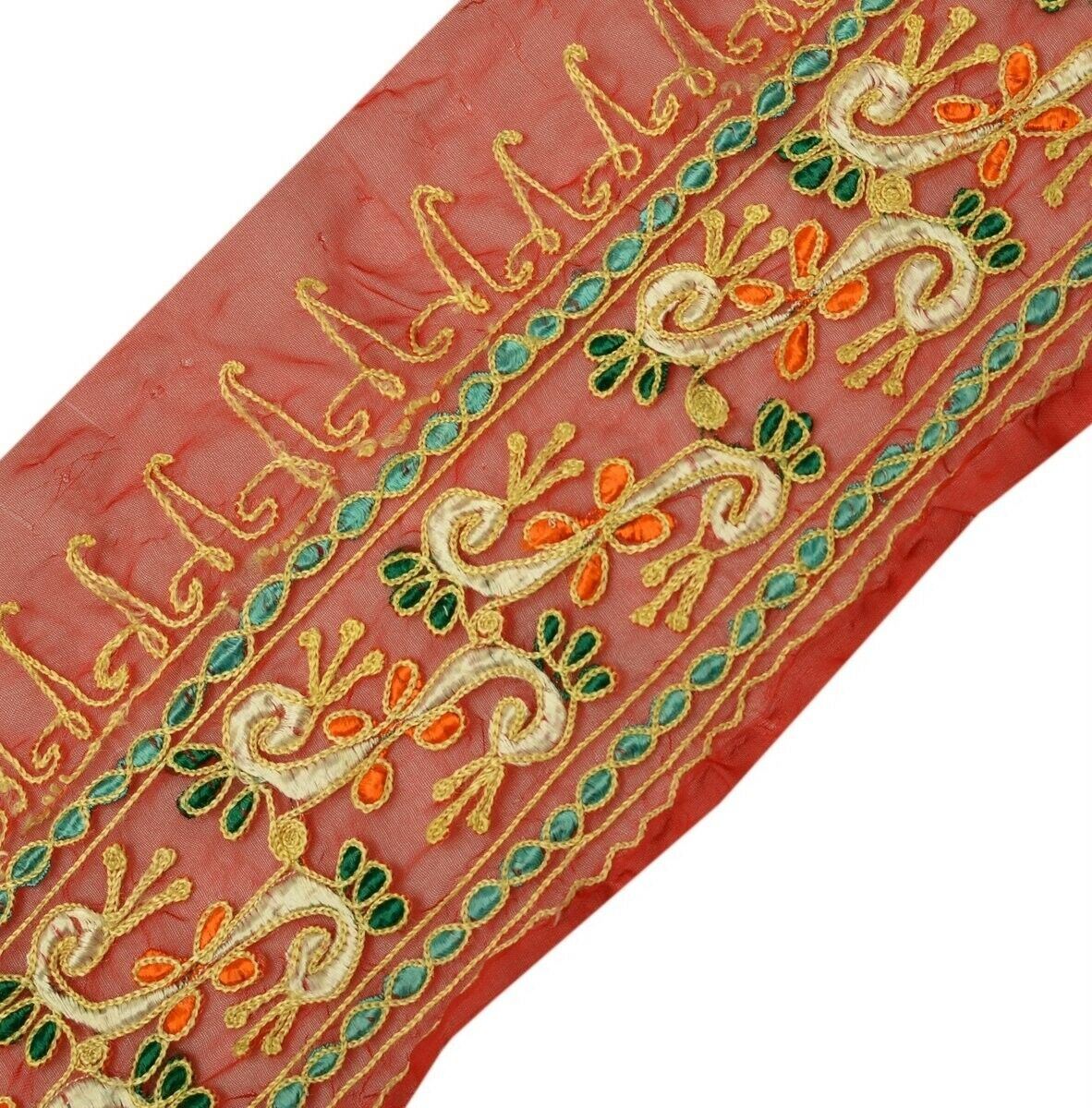 Vintage Saree Border Indian Craft Trim Embroidered Red Sewing Ribbon Lace