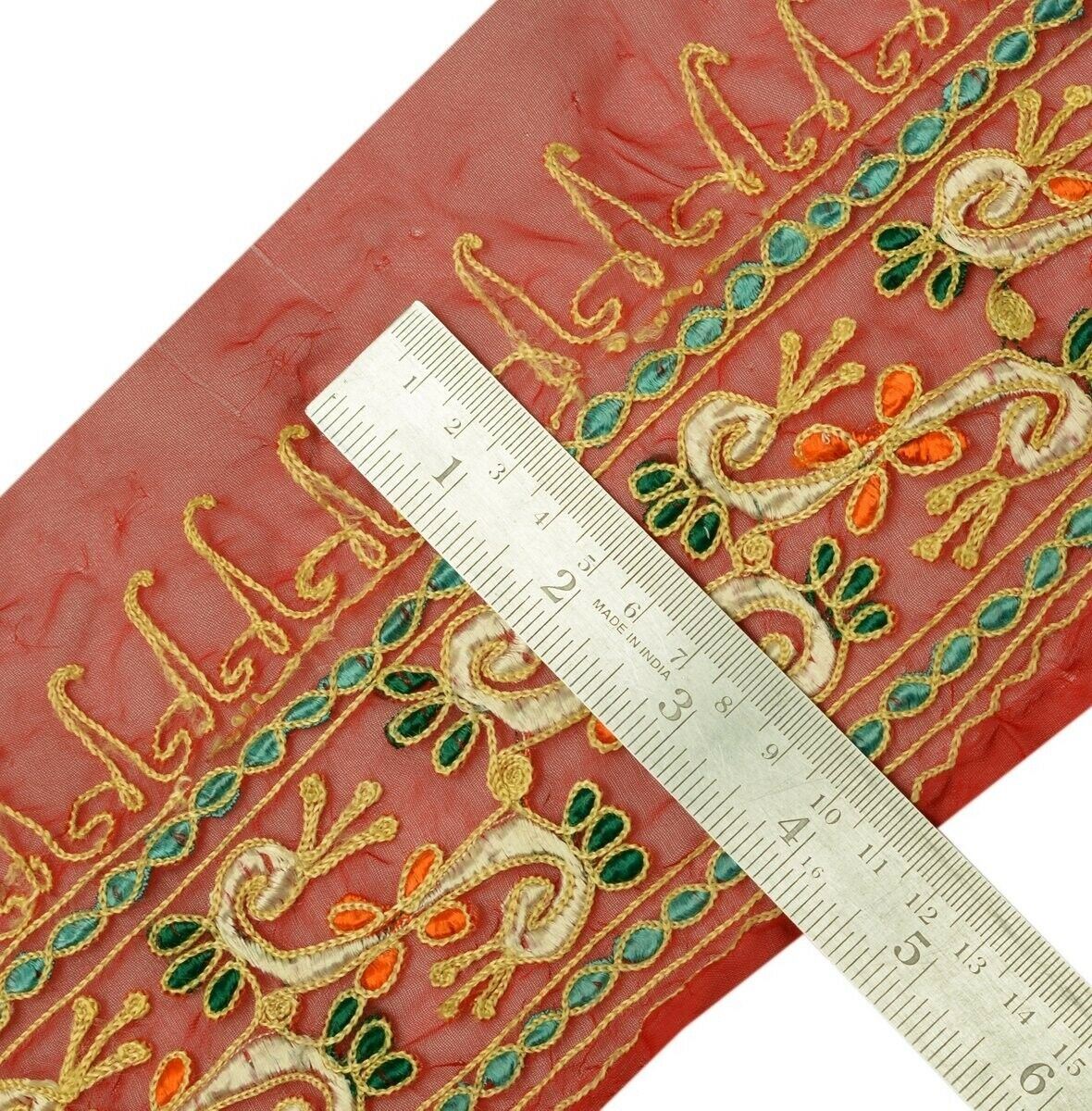 Vintage Saree Border Indian Craft Trim Embroidered Red Sewing Ribbon Lace