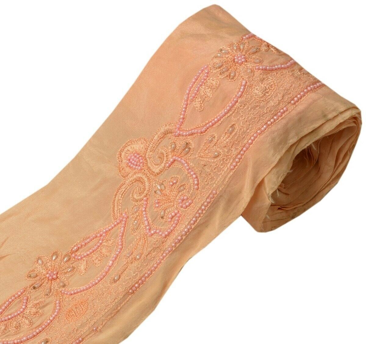 Vintage Saree Border Indian Craft Trim Beaded Embroidered Ribbon Lace Peach