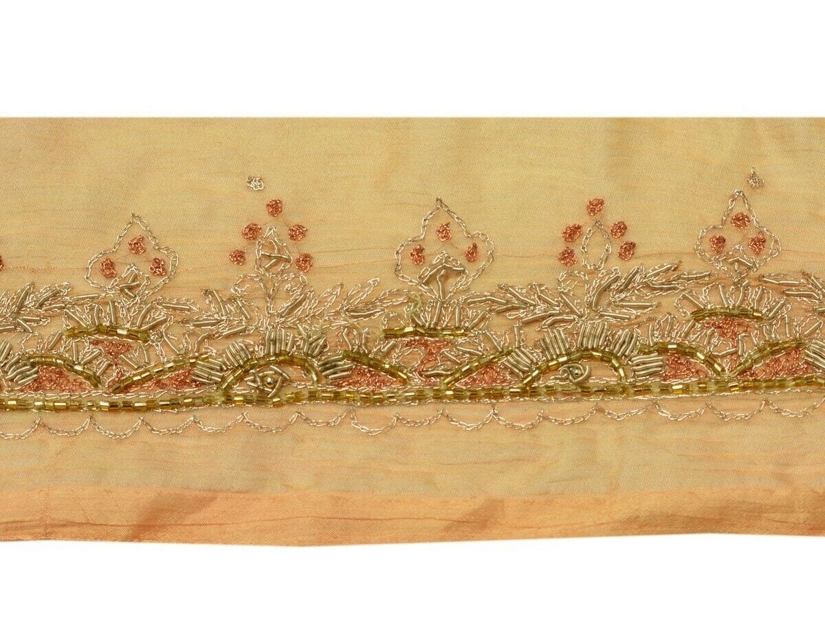 Vintage Sari Border Indian Craft Trim Hand Beaded Zardozi Embroidered Lace Peach