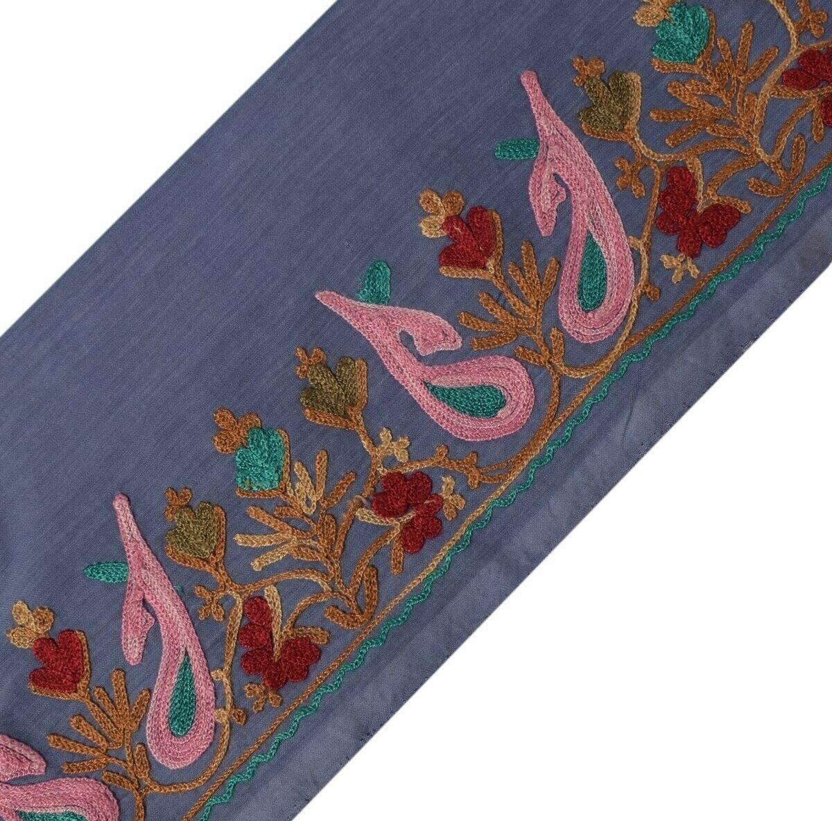 Vintage Sari Border Indian Craft Trim Kashmiri Embroidered Bluish Gray Ribbon