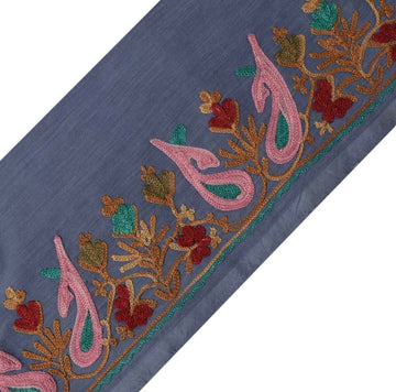 Vintage Sari Border Indian Craft Trim Kashmiri Embroidered Bluish Gray Ribbon