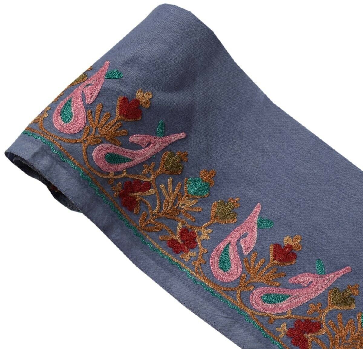 Vintage Sari Border Indian Craft Trim Kashmiri Embroidered Bluish Gray Ribbon