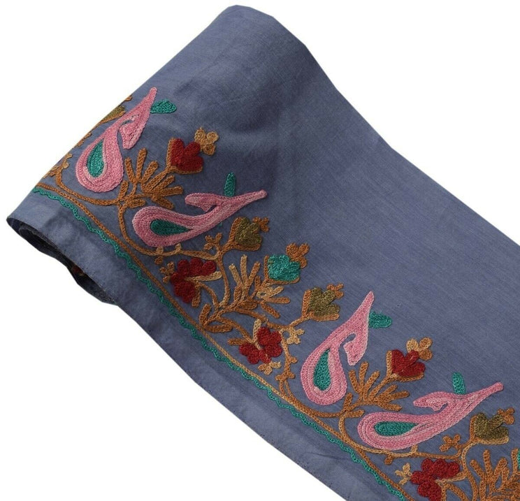 Vintage Sari Border Indian Craft Trim Kashmiri Embroidered Bluish Gray Ribbon