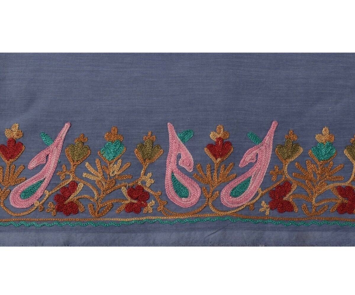 Vintage Sari Border Indian Craft Trim Kashmiri Embroidered Bluish Gray Ribbon