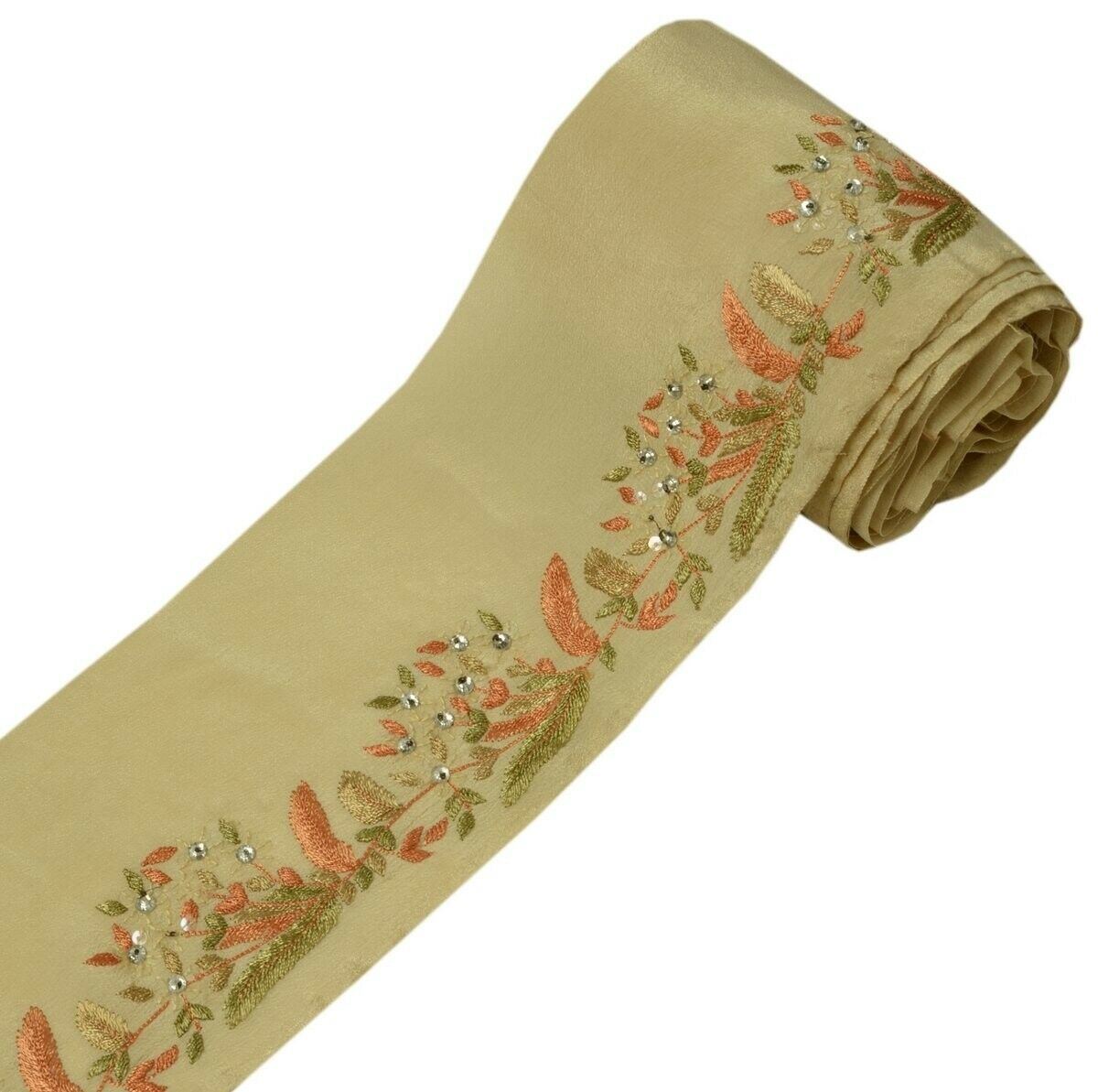 Vintage Saree Border Indian Craft Trim Hand Beaded Embroidered Ribbon Lace Cream