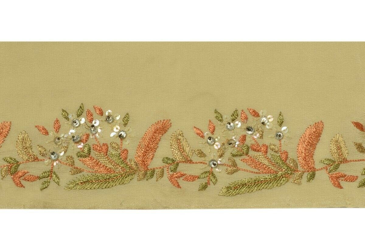Vintage Saree Border Indian Craft Trim Hand Beaded Embroidered Ribbon Lace Cream