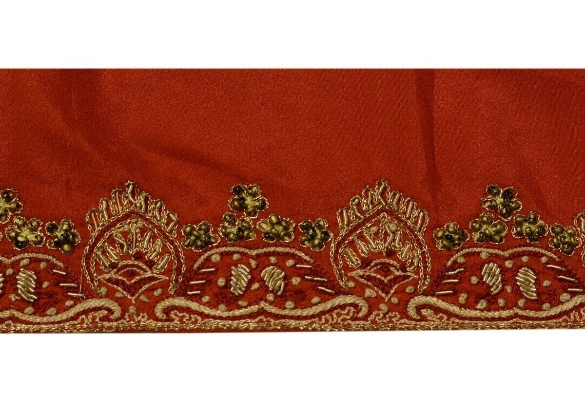 Vintage Saree Border Indian Craft Trim Hand Beaded Embroidered Ribbon Lace Rust