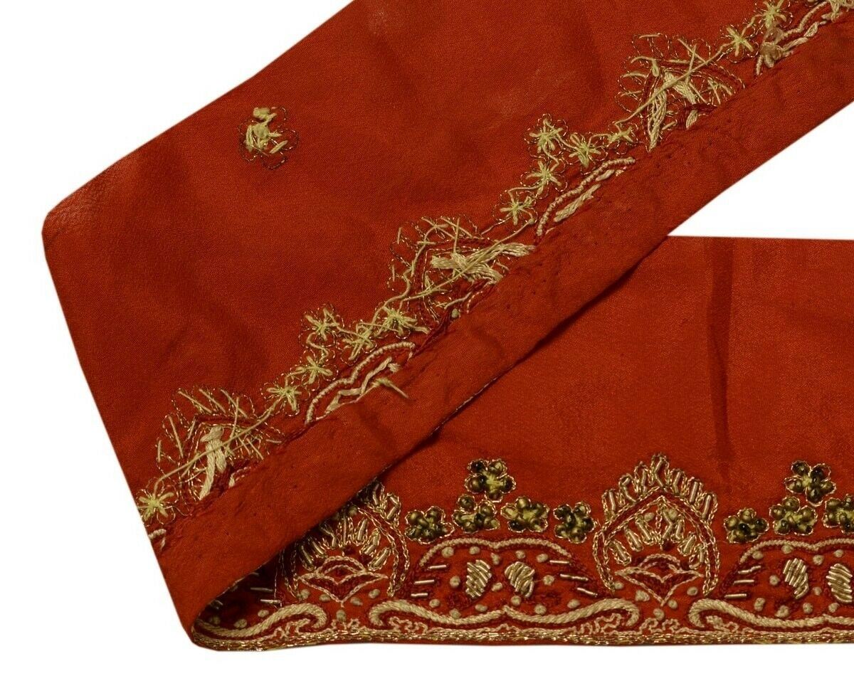 Vintage Saree Border Indian Craft Trim Hand Beaded Embroidered Ribbon Lace Rust