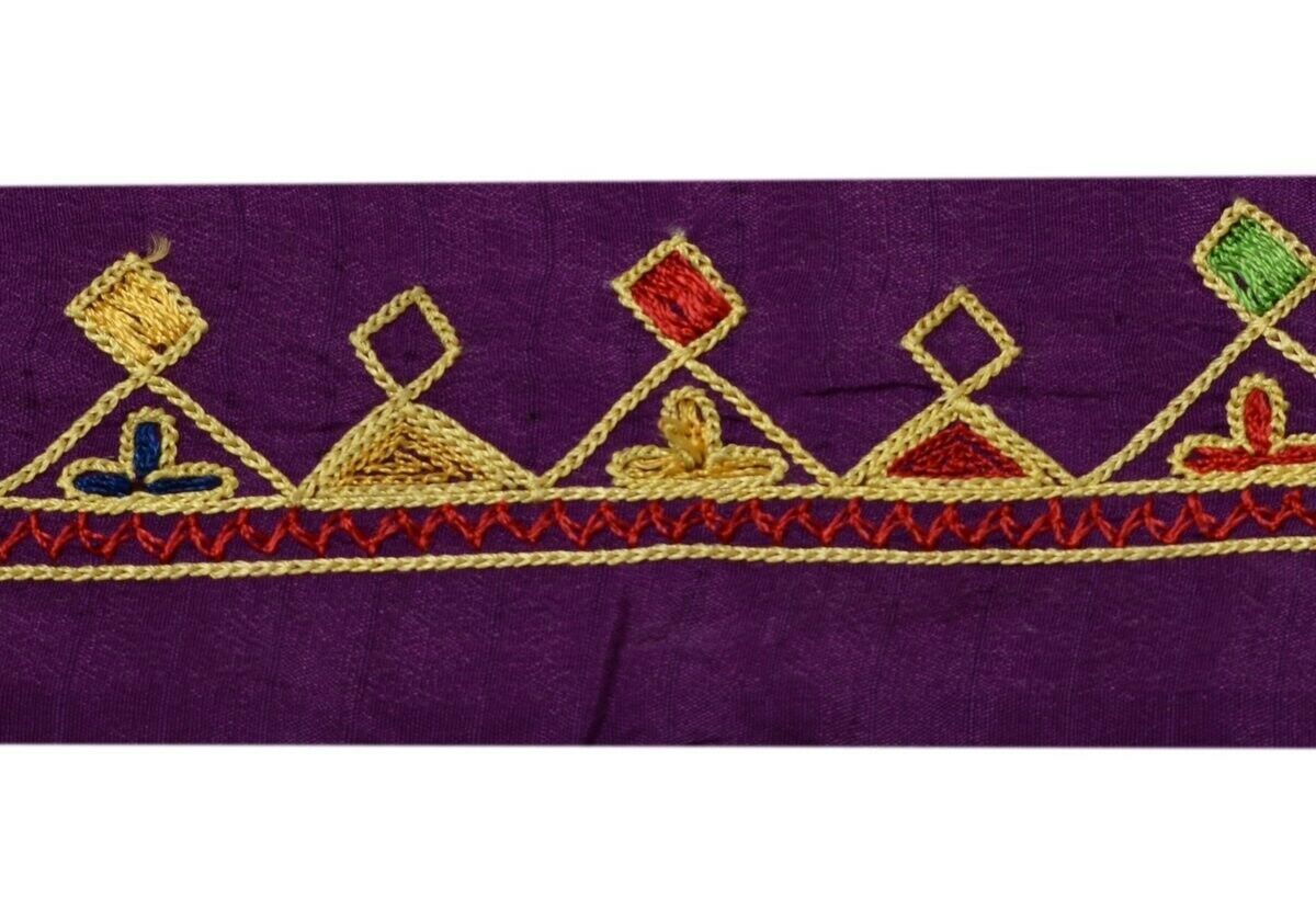 Vintage Saree Border Indian Craft Trim Embroidered Purple Sewing Ribbon Lace