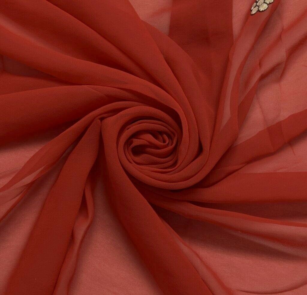 Blend Georgette Silk Vintage Sari Remnant Scrap Fabric for Sewing Craft Red