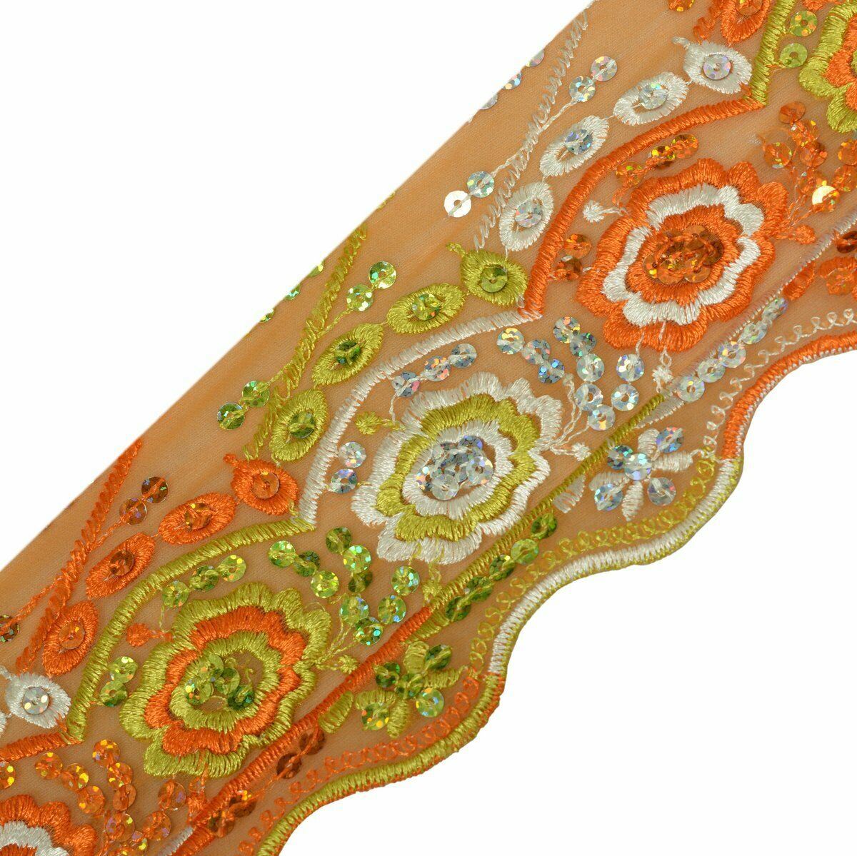 Vtg Saree Border Indian Craft Trim Antique Embroidered Floral Lace Ribbon Orange