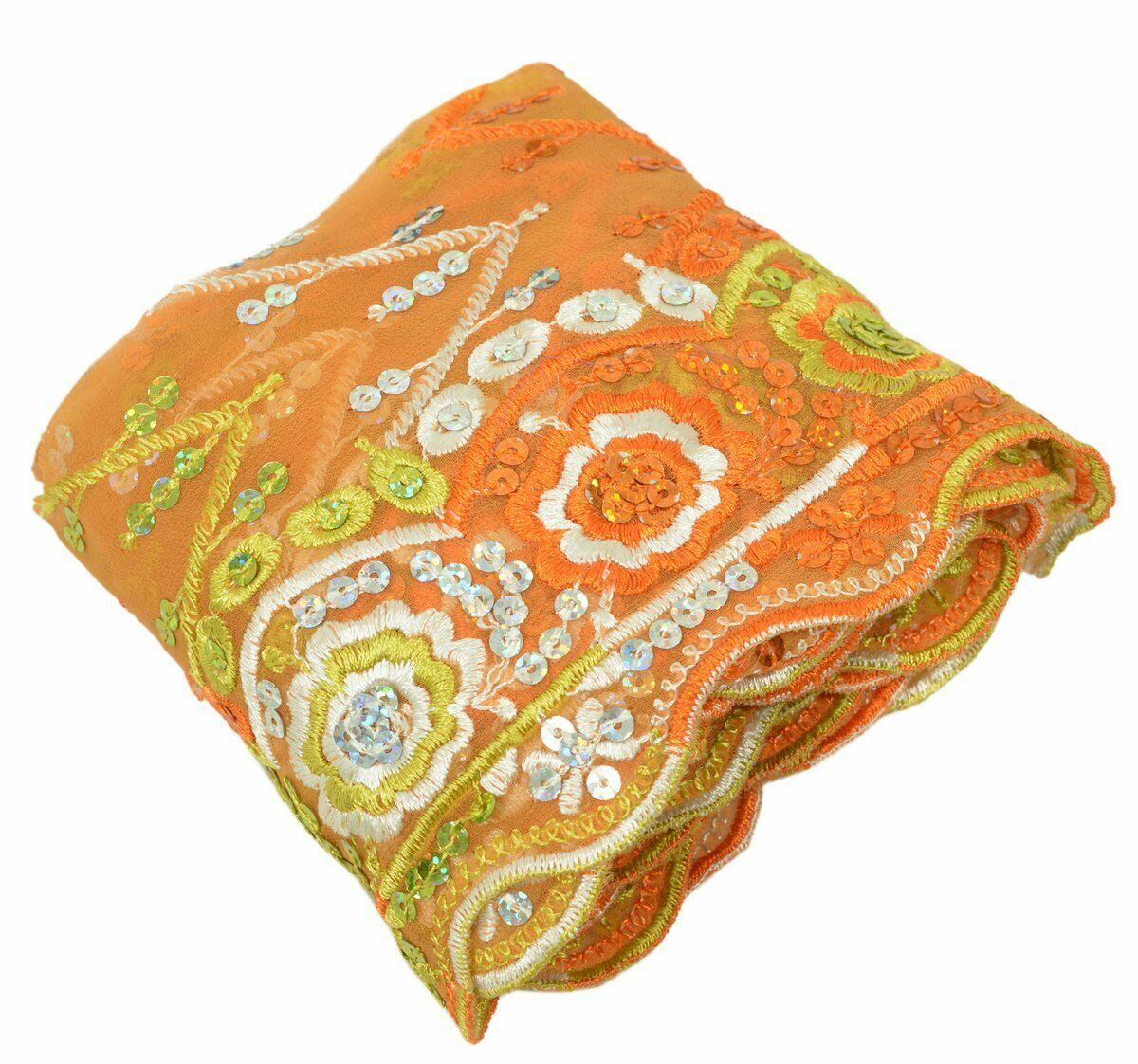 Vtg Saree Border Indian Craft Trim Antique Embroidered Floral Lace Ribbon Orange