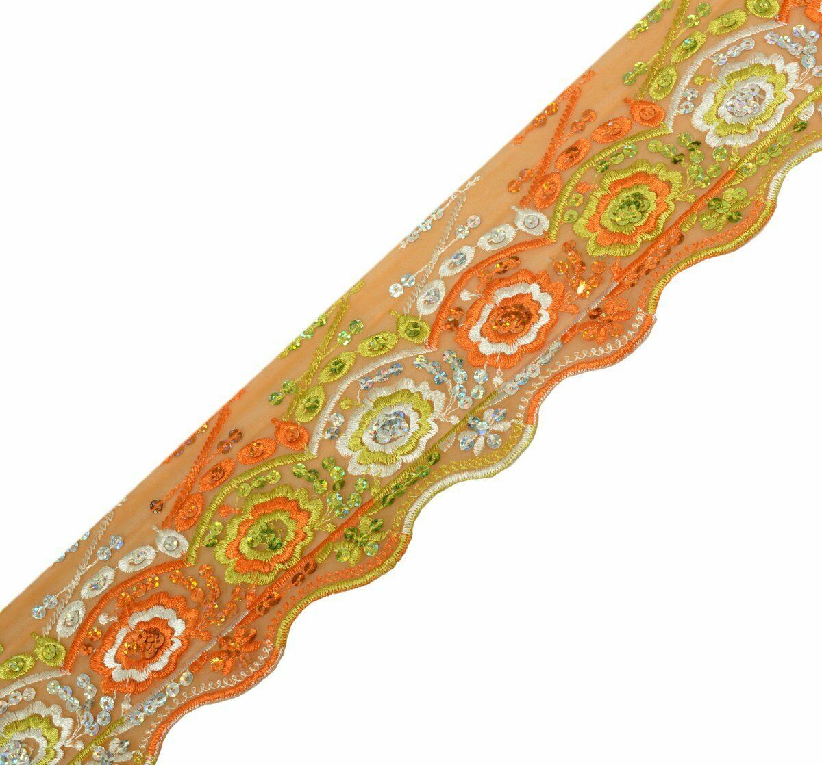 Vtg Saree Border Indian Craft Trim Antique Embroidered Floral Lace Ribbon Orange