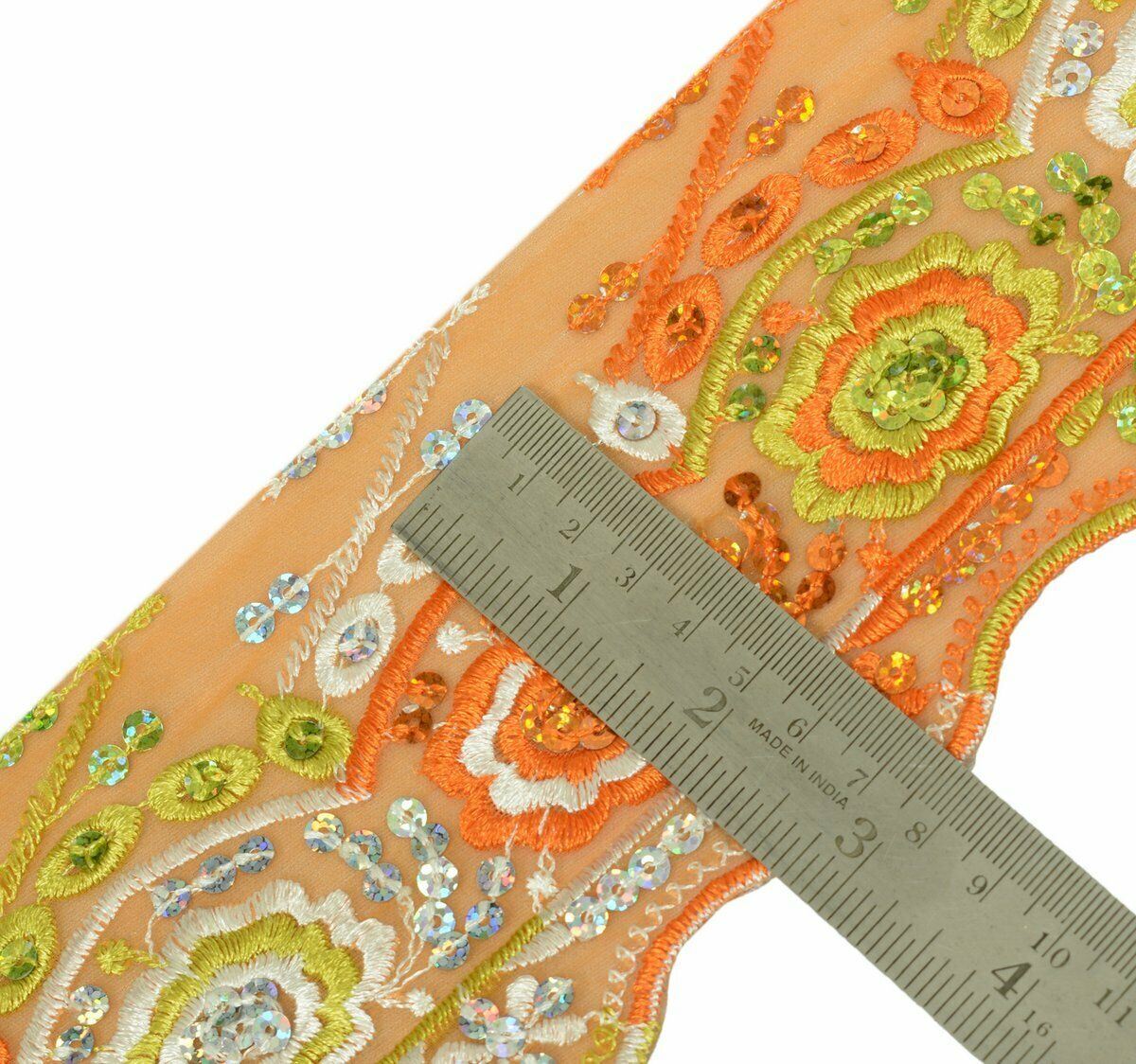 Vtg Saree Border Indian Craft Trim Antique Embroidered Floral Lace Ribbon Orange