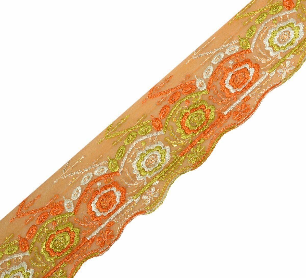 Vtg Saree Border Indian Craft Trim Antique Embroidered Floral Lace Ribbon Orange