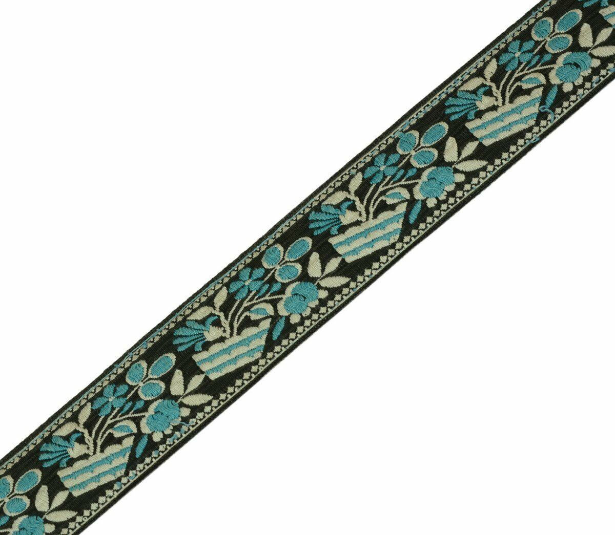 Vintage Saree Border Indian Craft Trim Antique Woven Floral Black Ribbon Lace