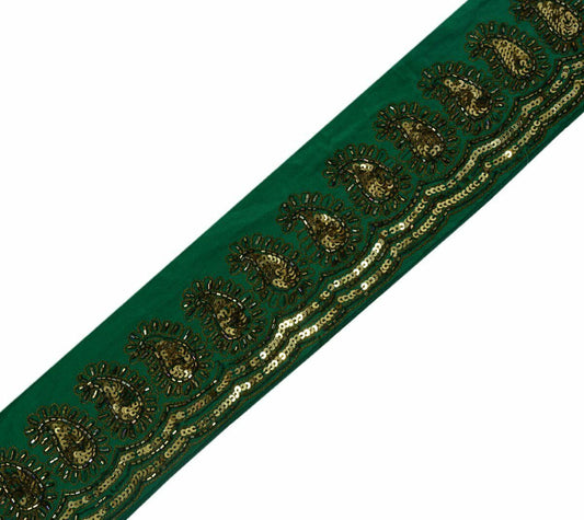 Antique Vintage Saree Border Indian Craft Trim Hand Beaded Paisley Ribbon Green