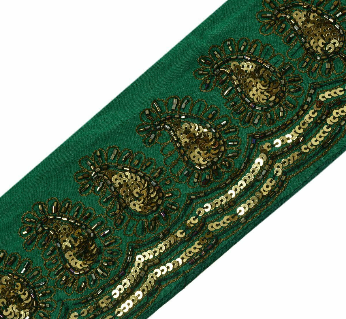 Antique Vintage Saree Border Indian Craft Trim Hand Beaded Paisley Ribbon Green