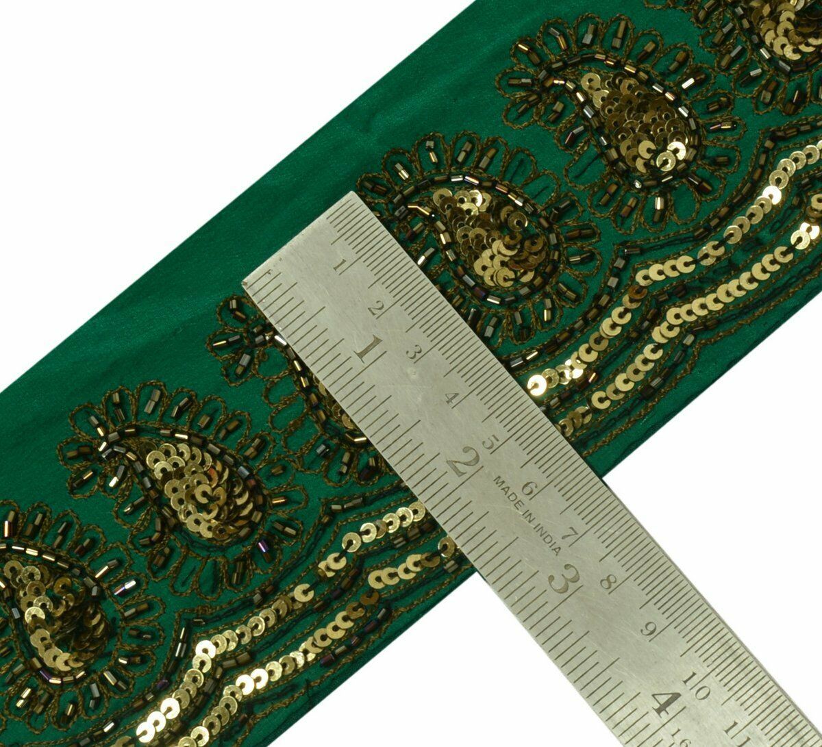 Antique Vintage Saree Border Indian Craft Trim Hand Beaded Paisley Ribbon Green