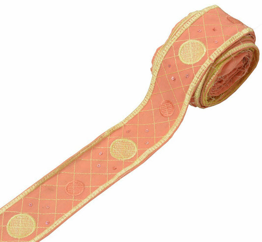 Antique Vintage Saree Border Indian Craft Trim Embroidered Peach Ribbon Lace