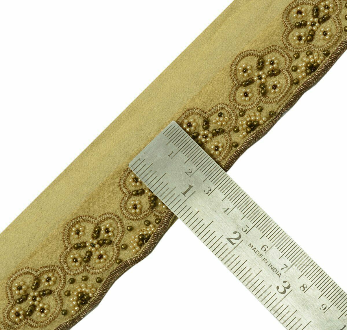 Antique Vintage Saree Border Indian Craft Trim Hand Beaded Cream Ribbon Lace