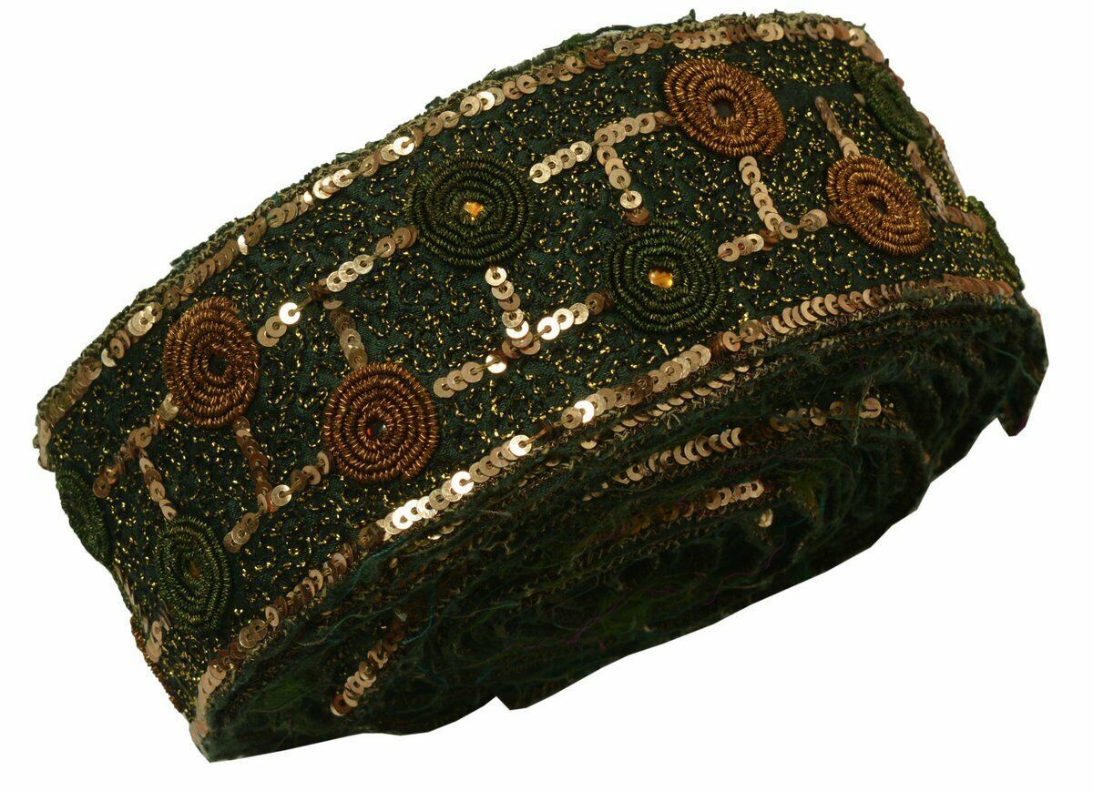 Antique Vintage Saree Border Craft Trim Hand Beaded Embroidered Green Ribbon