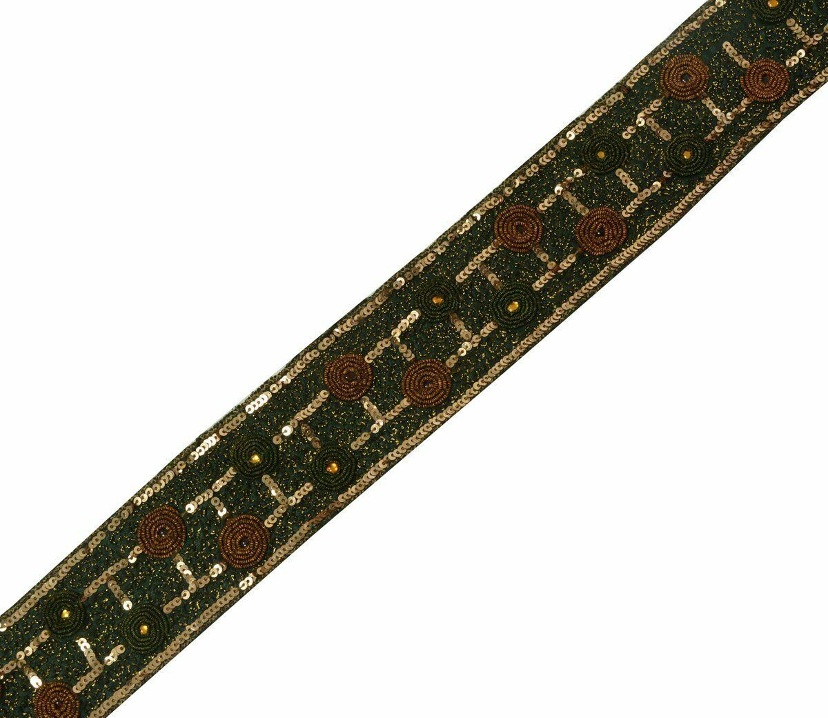 Antique Vintage Saree Border Craft Trim Hand Beaded Embroidered Green Ribbon