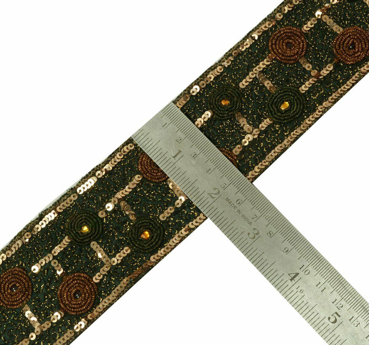 Antique Vintage Saree Border Craft Trim Hand Beaded Embroidered Green Ribbon
