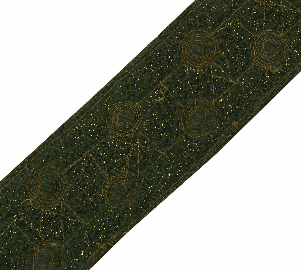Antique Vintage Saree Border Craft Trim Hand Beaded Embroidered Green Ribbon