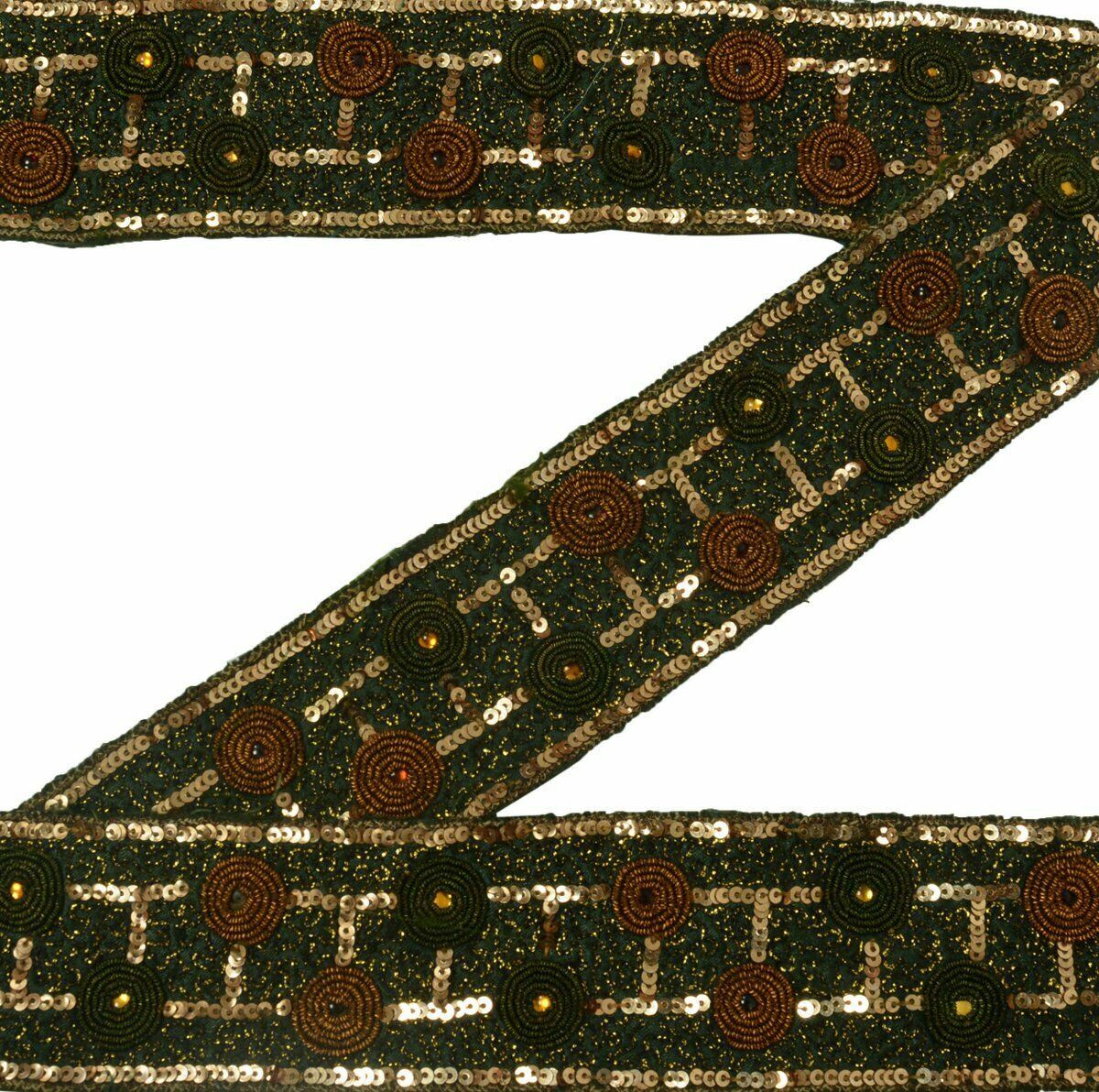 Antique Vintage Saree Border Craft Trim Hand Beaded Embroidered Green Ribbon