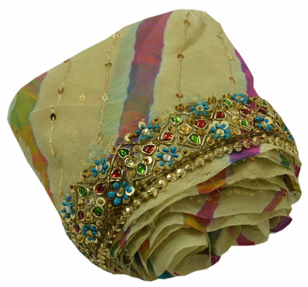 Antique Vintage Saree Border Indian Craft Trim Hand Beaded Stone work Cream Lace