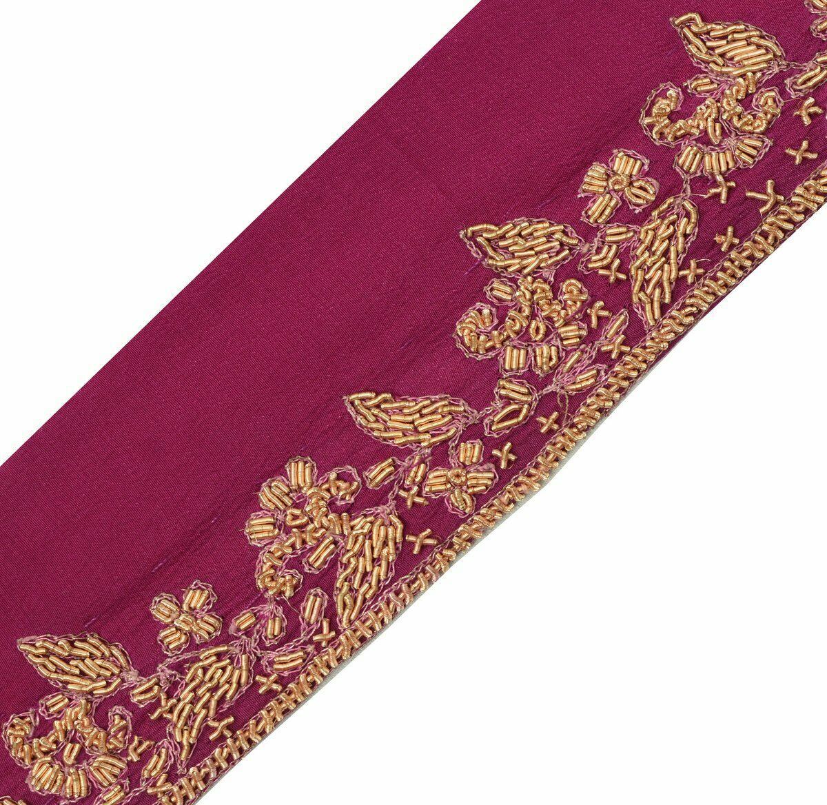 Antique Vintage Saree Border Indian Craft Trim Hand Beaded Zardozi Magenta Lace
