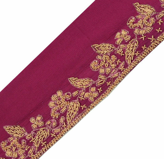 Antique Vintage Saree Border Indian Craft Trim Hand Beaded Zardozi Magenta Lace