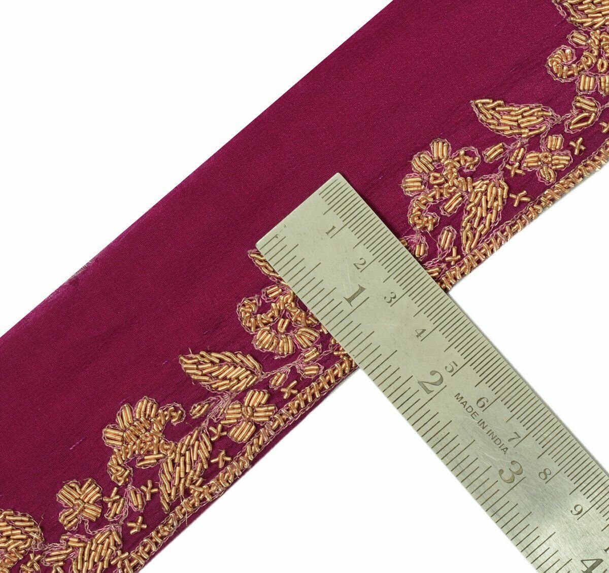 Antique Vintage Saree Border Indian Craft Trim Hand Beaded Zardozi Magenta Lace