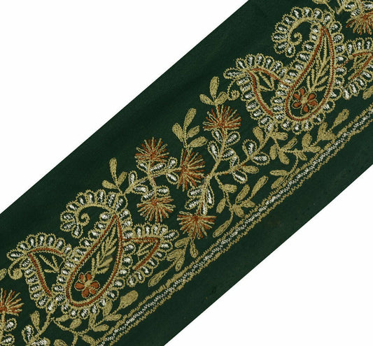 Antique Vtg Sari Border Indian Craft Trim Embroidered Paisley Floral Green lace